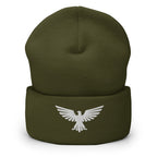 Olive, beanie, with embroidered patriotic eagle crest, front view