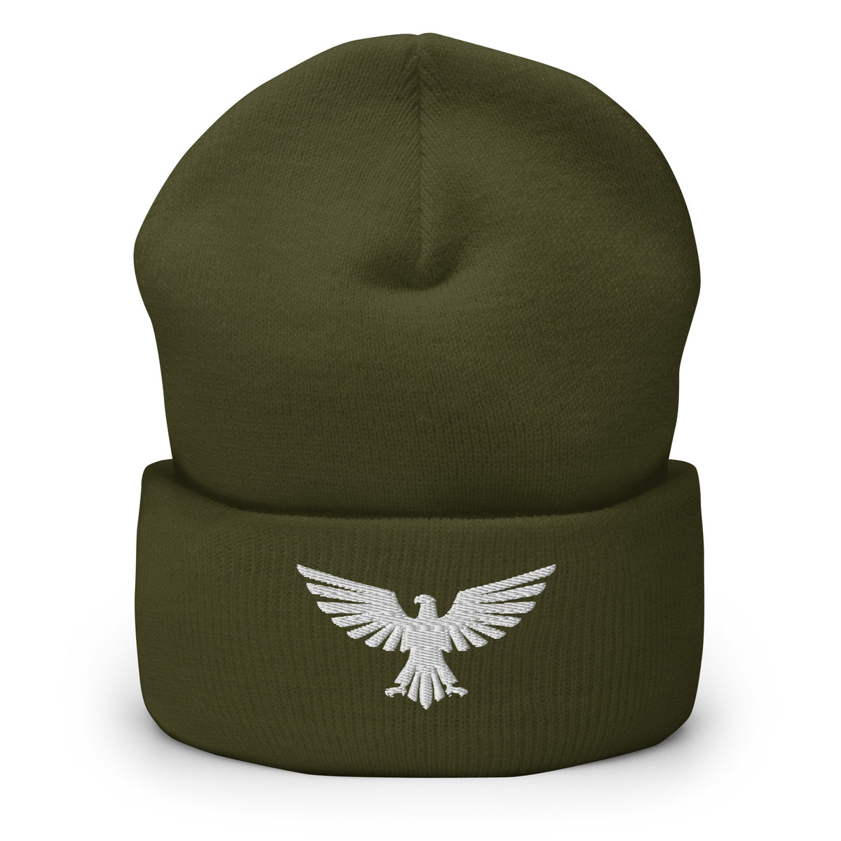 Olive, beanie, with embroidered patriotic eagle crest, front view