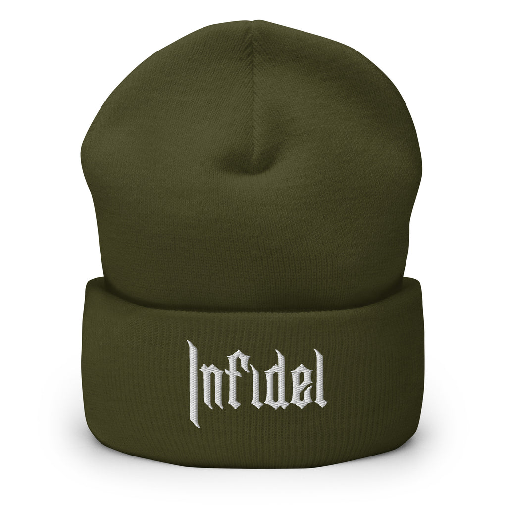 Olive, beanie, with embroidered OG INFIDEL mark, front view
