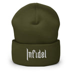 Olive, beanie, with embroidered OG INFIDEL mark, front view
