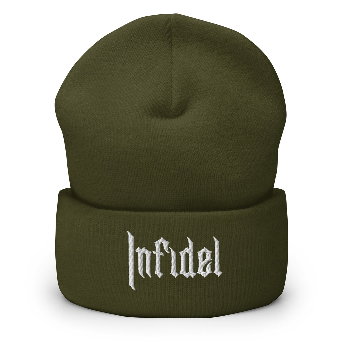 Olive, beanie, with embroidered OG INFIDEL mark, front view
