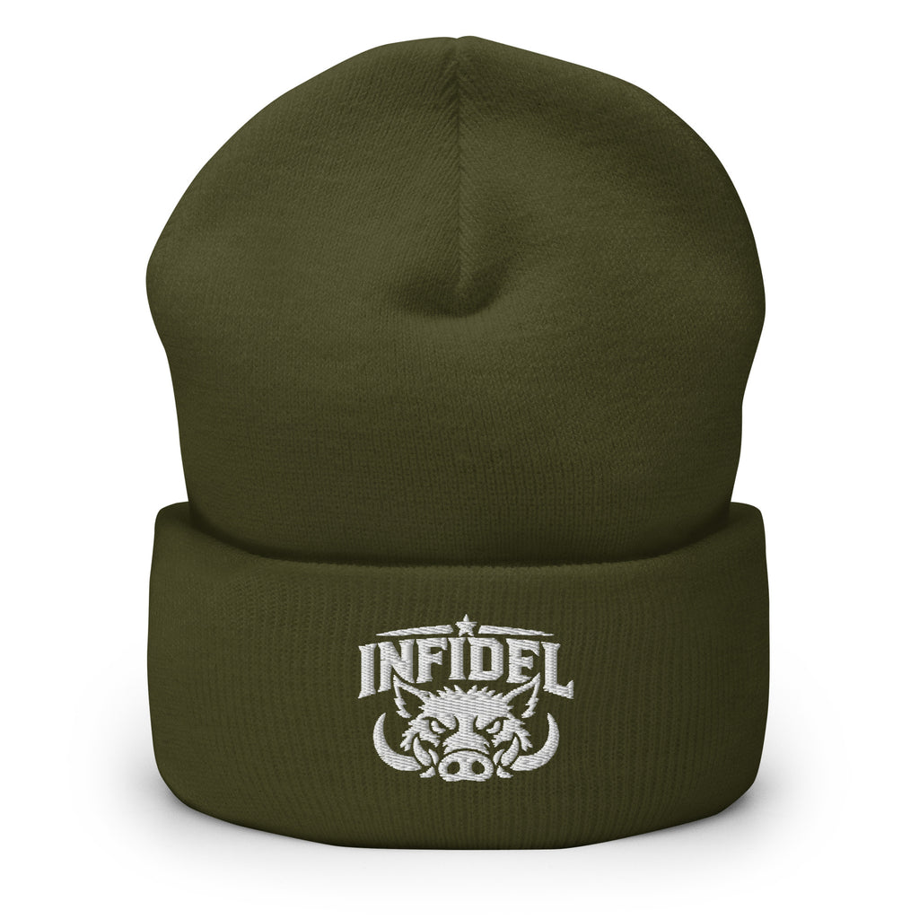 Olive beanie with embroidered INFIDEL War Pig design, front view
