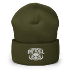 Olive beanie with embroidered INFIDEL War Pig design, front view