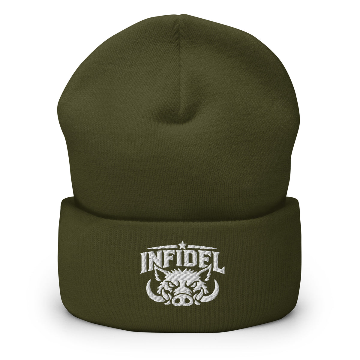 Olive beanie with embroidered INFIDEL War Pig design, front view
