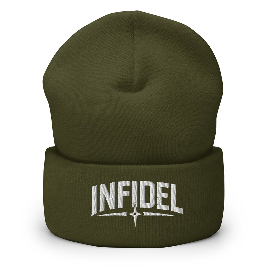 Olive beanie with embroidered Infidel Spike design, front view