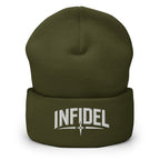 Olive beanie with embroidered Infidel Spike design, front view