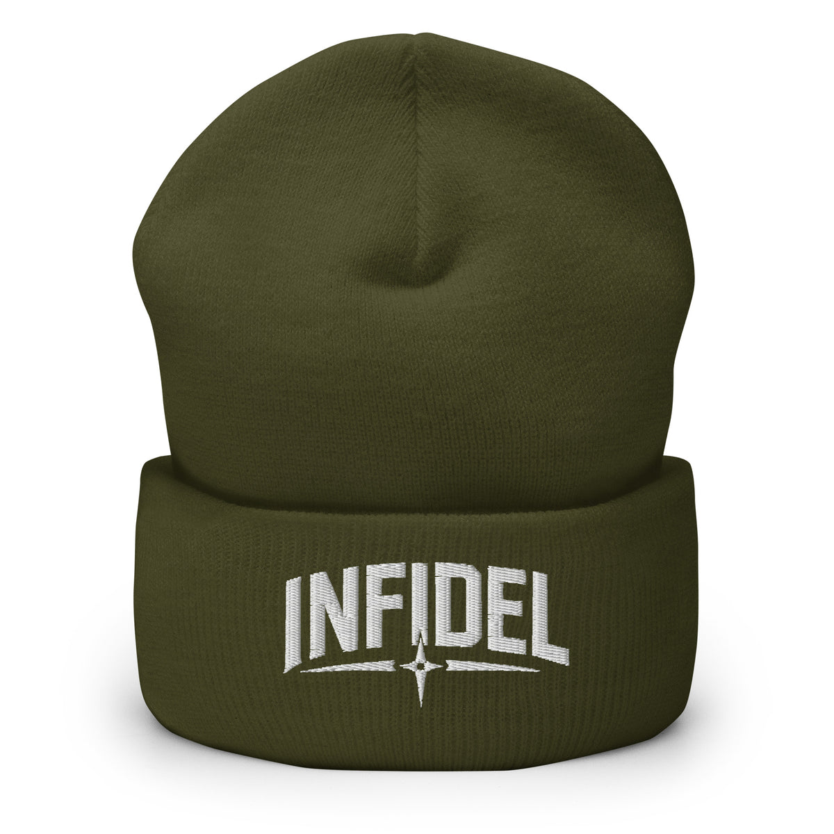 Olive beanie with embroidered Infidel Spike design, front view