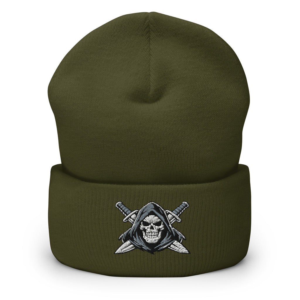 Olive beanie with embroidered Only Fear Infidel reaper design, front view