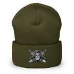 Olive beanie with embroidered Only Fear Infidel reaper design, front view