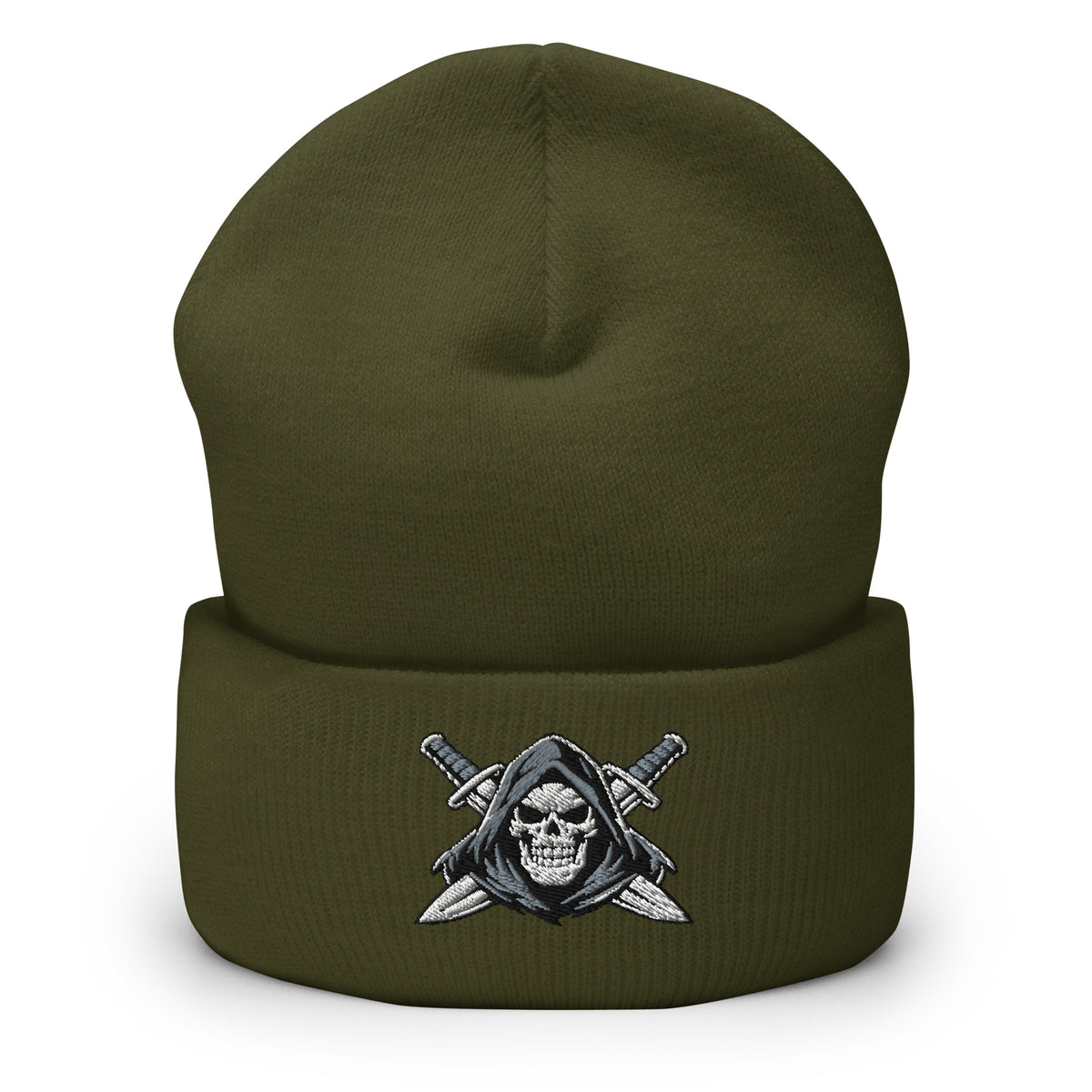 Olive beanie with embroidered Only Fear Infidel reaper design, front view