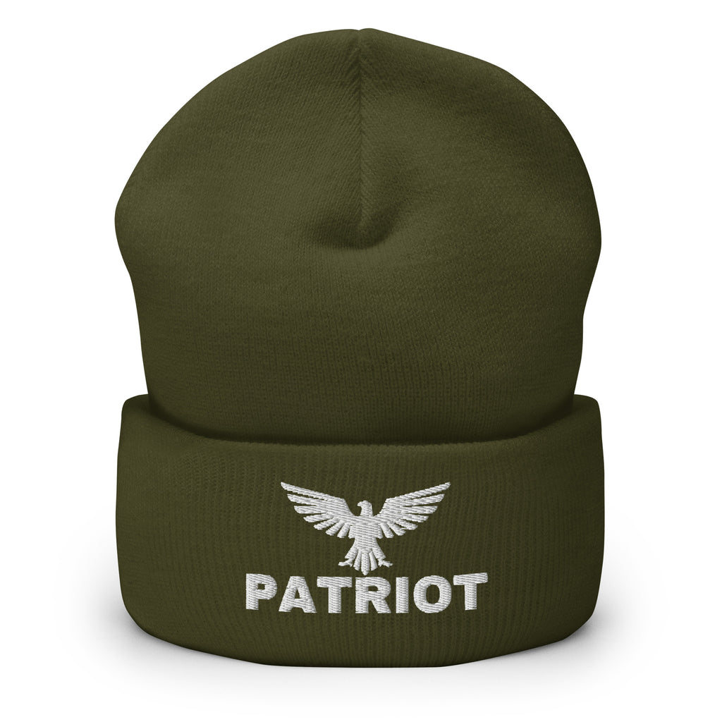 Olive beanie with embroidered Patriot Eagle design, front view