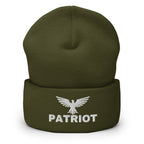 Olive beanie with embroidered Patriot Eagle design, front view