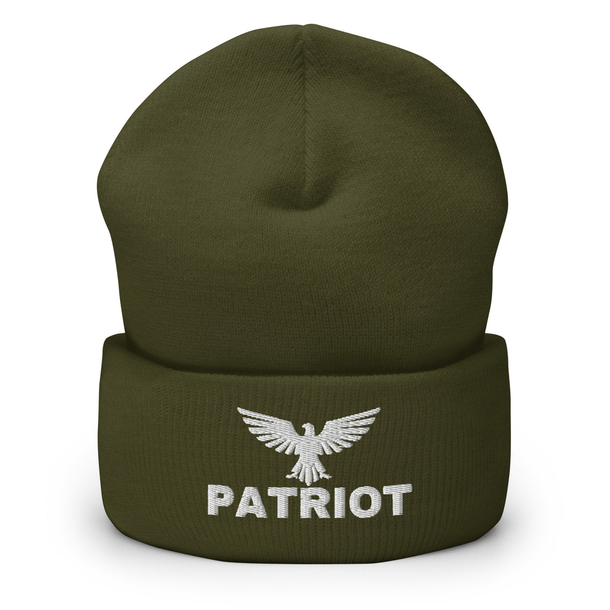 Olive beanie with embroidered Patriot Eagle design, front view