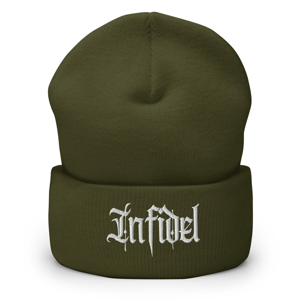 Olive beanie with embroidered Infidel Script design, front view