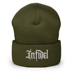 Olive beanie with embroidered Infidel Script design, front view