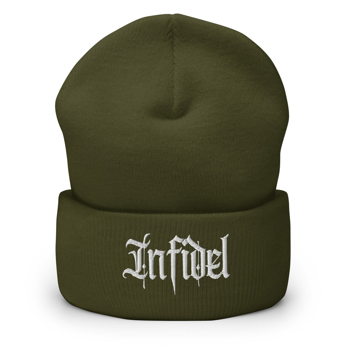 Olive beanie with embroidered Infidel Script design, front view