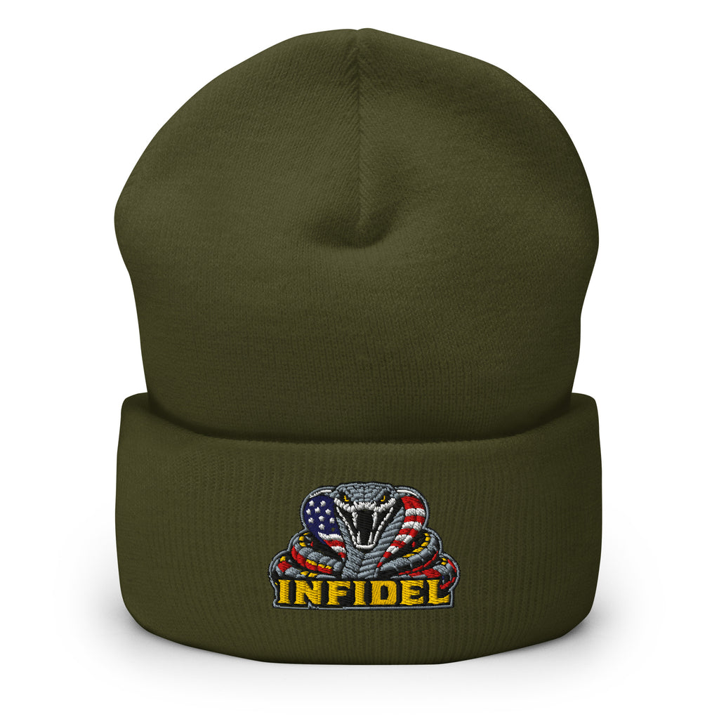 Olive cuffed knit beanie with embroidered INFIDEL USA Flag Cobra front design, front view