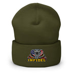 Olive cuffed knit beanie with embroidered INFIDEL USA Flag Cobra front design, front view