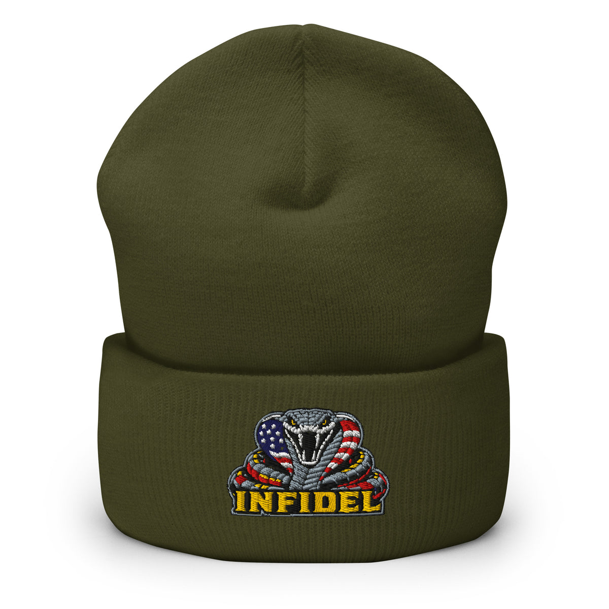 Olive cuffed knit beanie with embroidered INFIDEL USA Flag Cobra front design, front view