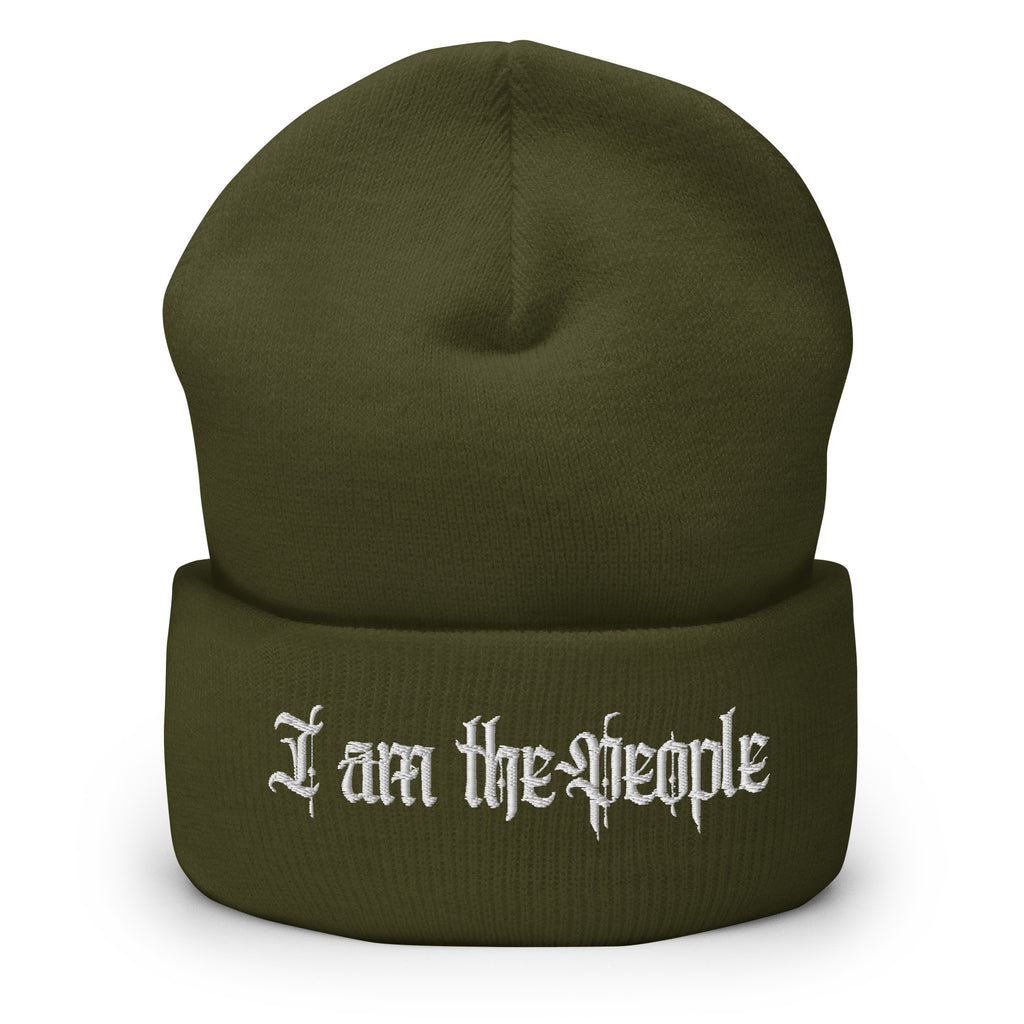 Olive cuffed knit beanie with embroidered I Am the People front design, front view