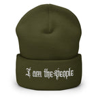 Olive cuffed knit beanie with embroidered I Am the People front design, front view