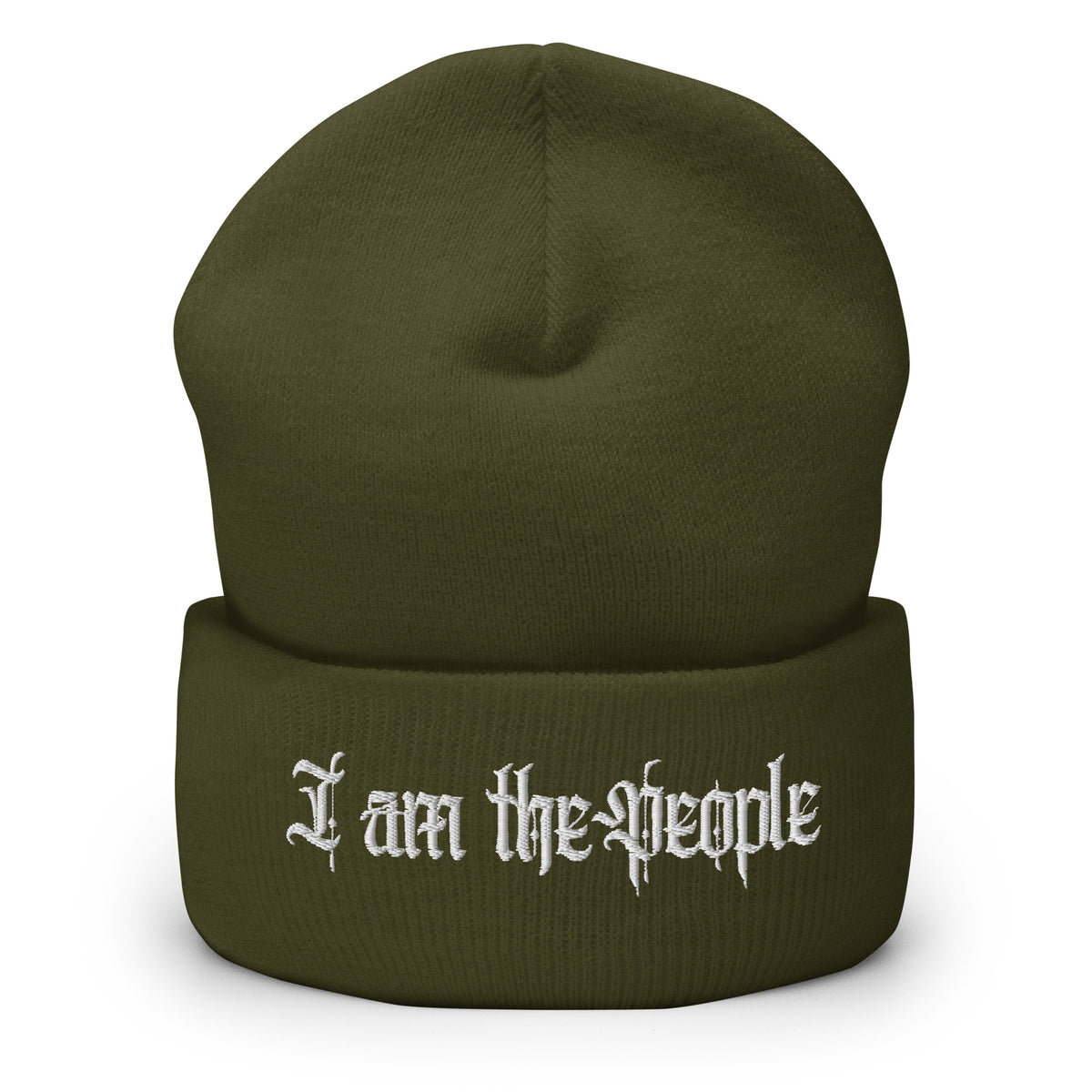 Olive cuffed knit beanie with embroidered I Am the People front design, front view