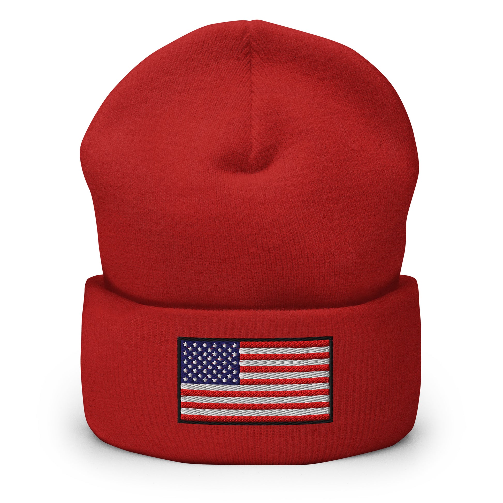 Patriotic Cuffed Beanie with the USA Flag (Old Glory) embroidered into the cuff of the beanie - available in 12 different colors - shown here in red.