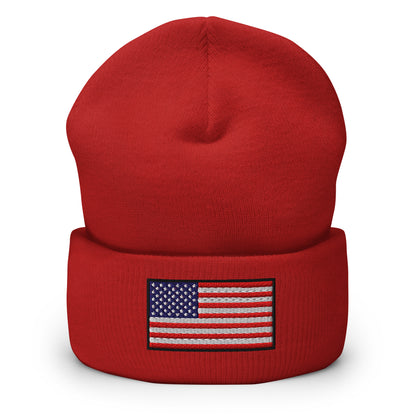 Patriotic Cuffed Beanie with the USA Flag (Old Glory) embroidered into the cuff of the beanie - available in 12 different colors - shown here in red.