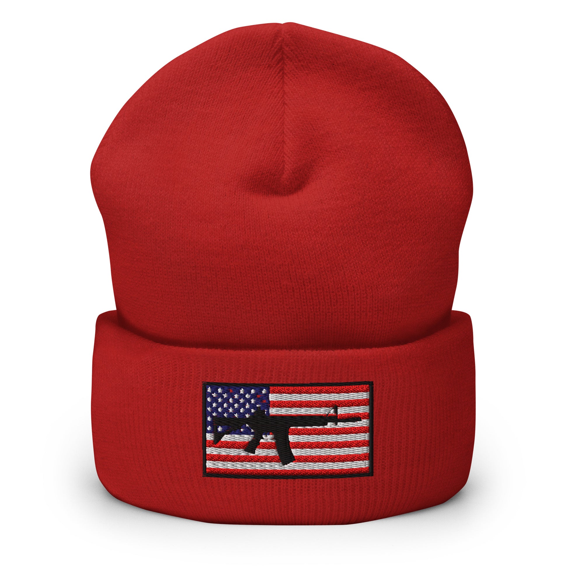 Patriotic AR-15 overlay on the USA Flag (Old Glory), embroidered on a Cuffed Beanie - available in 12 colors, shown here in red.