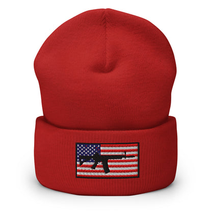 Patriotic AR-15 overlay on the USA Flag (Old Glory), embroidered on a Cuffed Beanie - available in 12 colors, shown here in red.