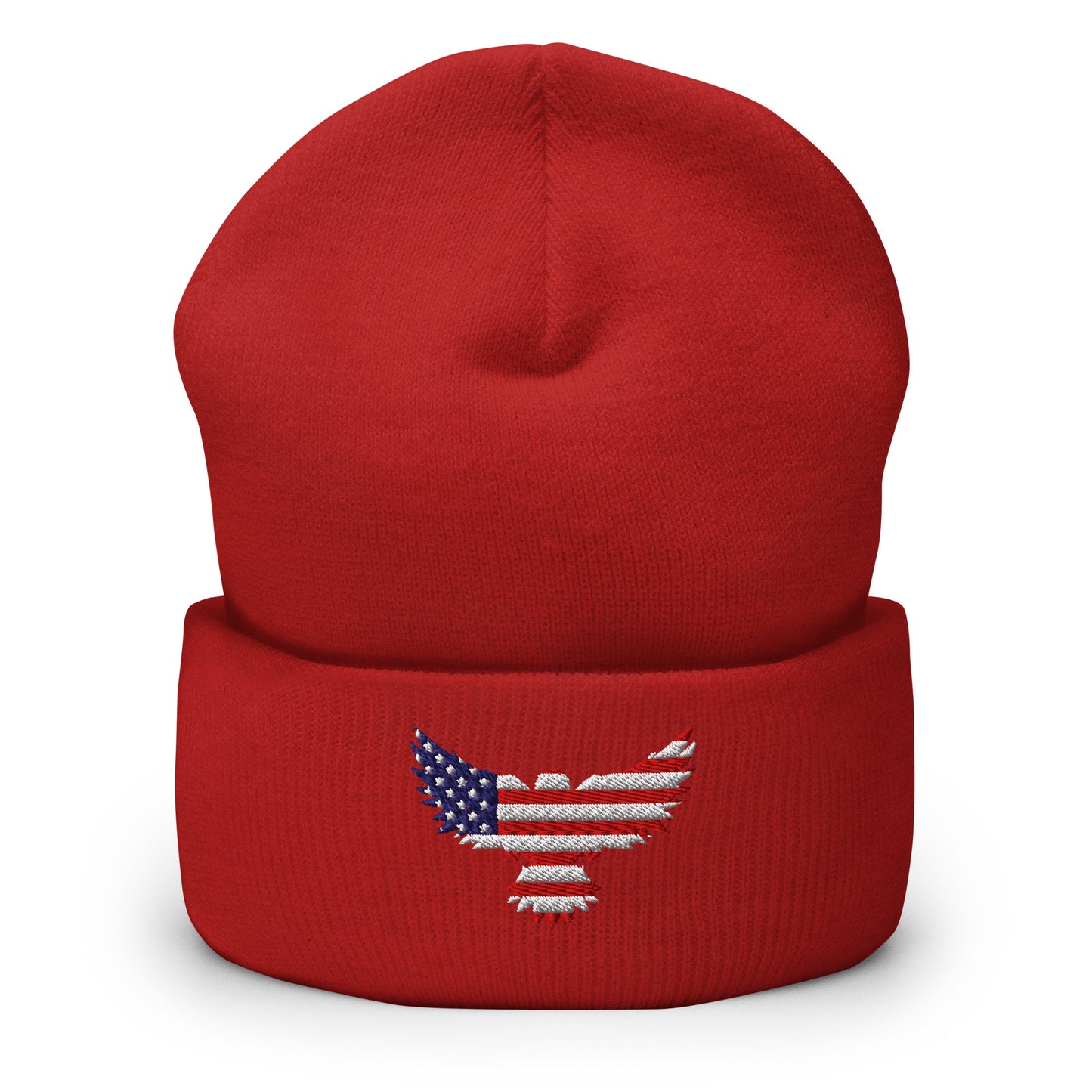 Patriotic Cuffed Beanie with USA Flag (Old Glory) Eagle embroidered into the cuff of the beanie - available in 12 different colors - shown here in red.