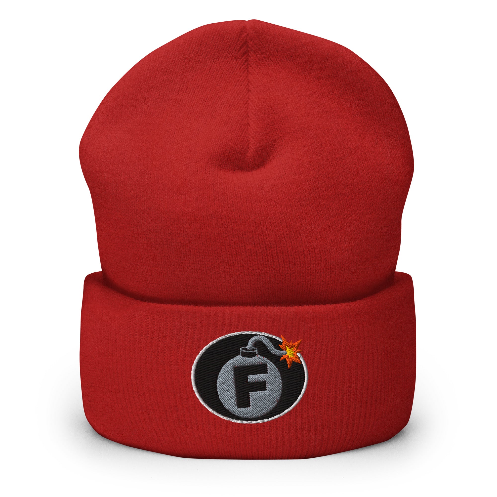 NSFW F-Bomb design is embroidered into this Cuffed Beanie by Infidel Collective - available in 12 colors, shown here in red.