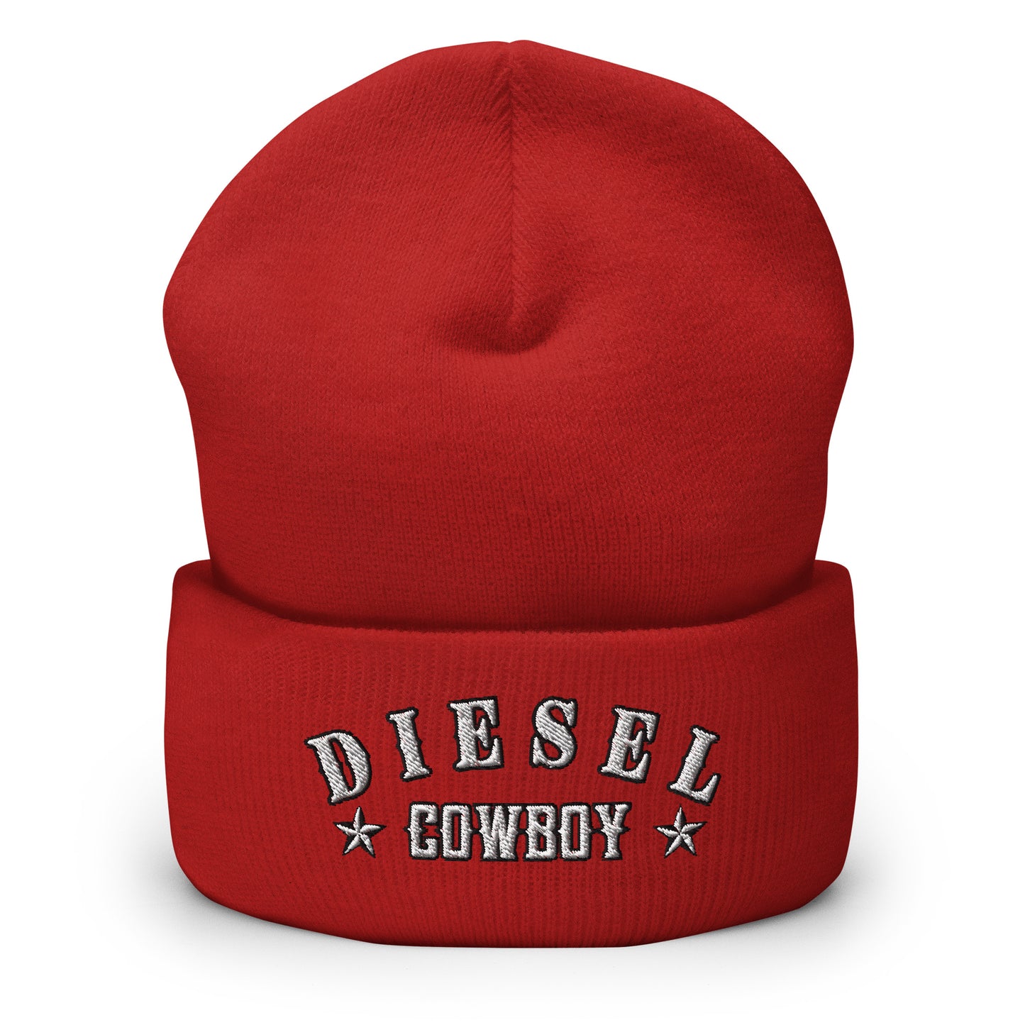 "Diesel Cowboy" embroidered into this cuffed beanie hat by Infidel Collective, available in 12 colors, shown here in red.