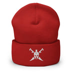 Red, beanie, with embroidered Call to Arms, front view