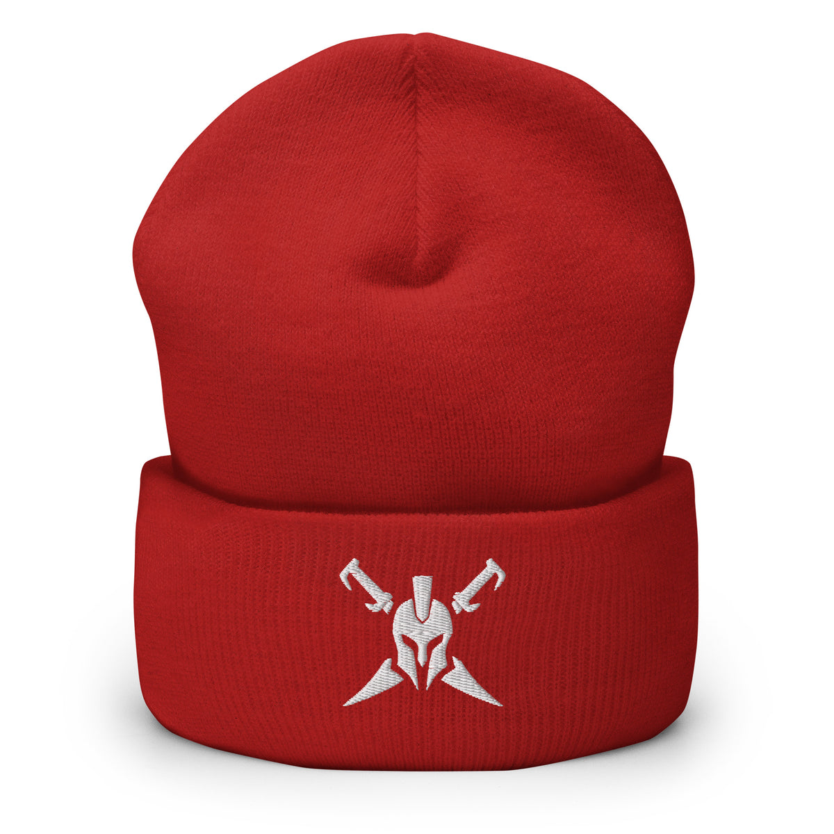 Red, beanie, with embroidered Call to Arms, front view