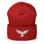 Red, beanie, with embroidered patriotic eagle crest, front view