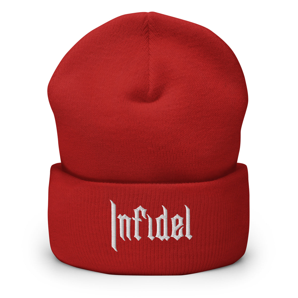 Red, beanie, with embroidered OG INFIDEL mark, front view