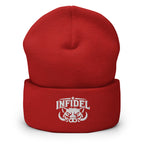 Red beanie with embroidered INFIDEL War Pig design, front view