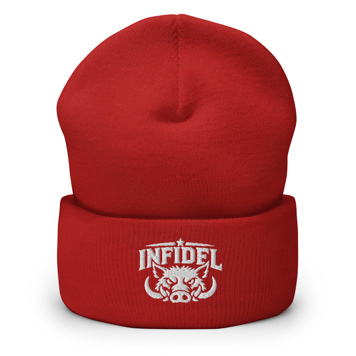 Red beanie with embroidered INFIDEL War Pig design, front view