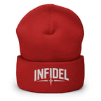 Red beanie with embroidered Infidel Spike design, front view