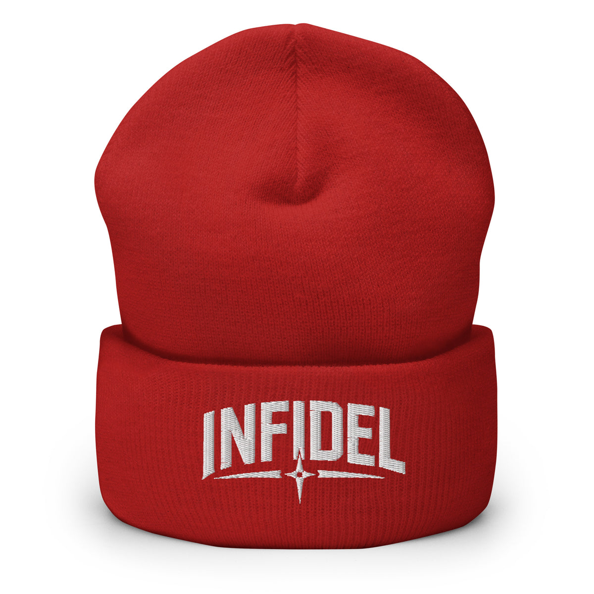 Red beanie with embroidered Infidel Spike design, front view