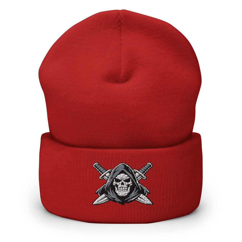 Red beanie with embroidered Only Fear Infidel reaper design, front view