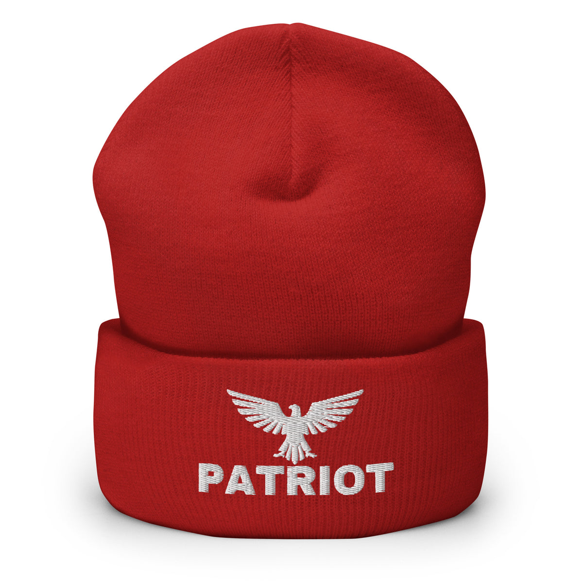 Red beanie with embroidered Patriot Eagle design, front view