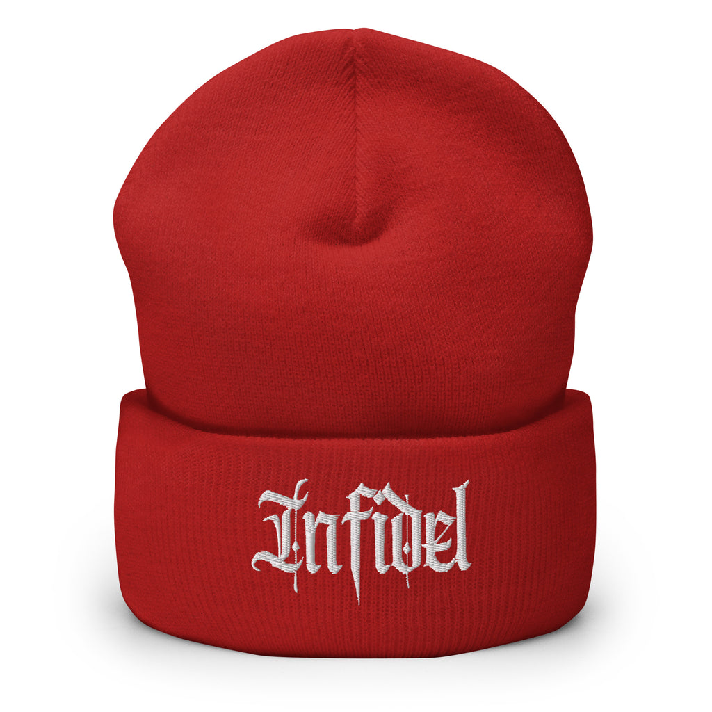 Red beanie with embroidered Infidel Script design, front view