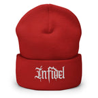Red beanie with embroidered Infidel Script design, front view