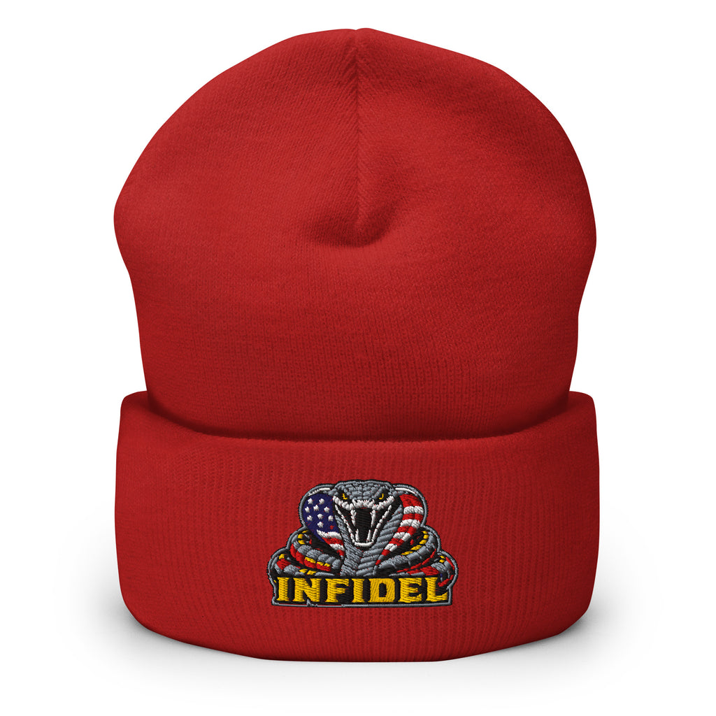Red cuffed knit beanie with embroidered INFIDEL USA Flag Cobra front design, front view