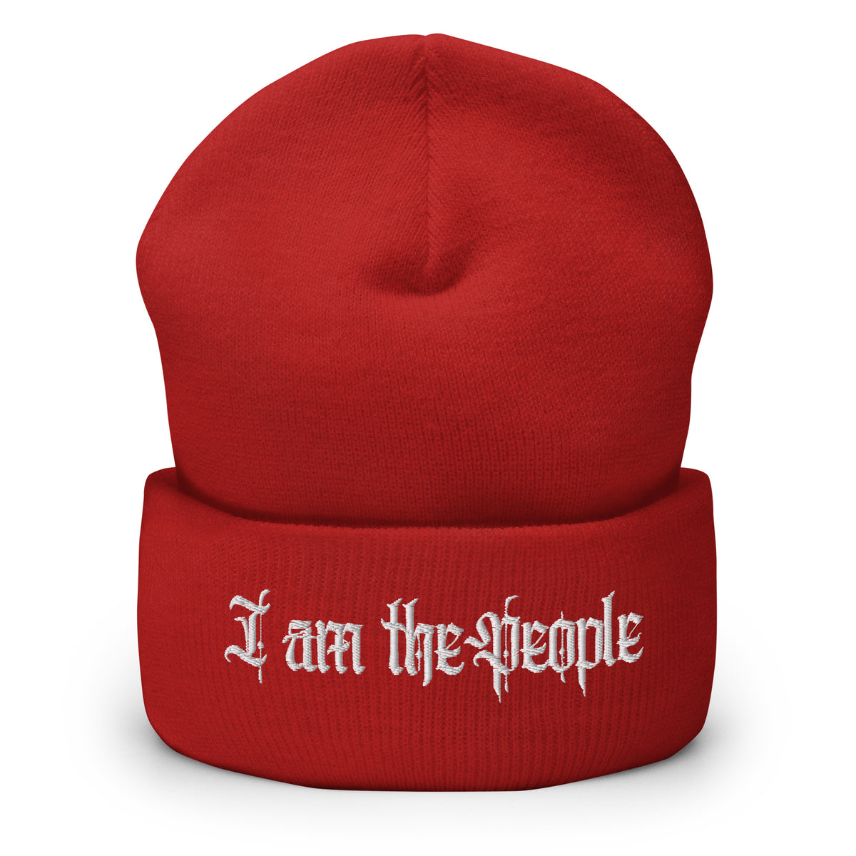 Red cuffed knit beanie with embroidered I Am the People front design, front view