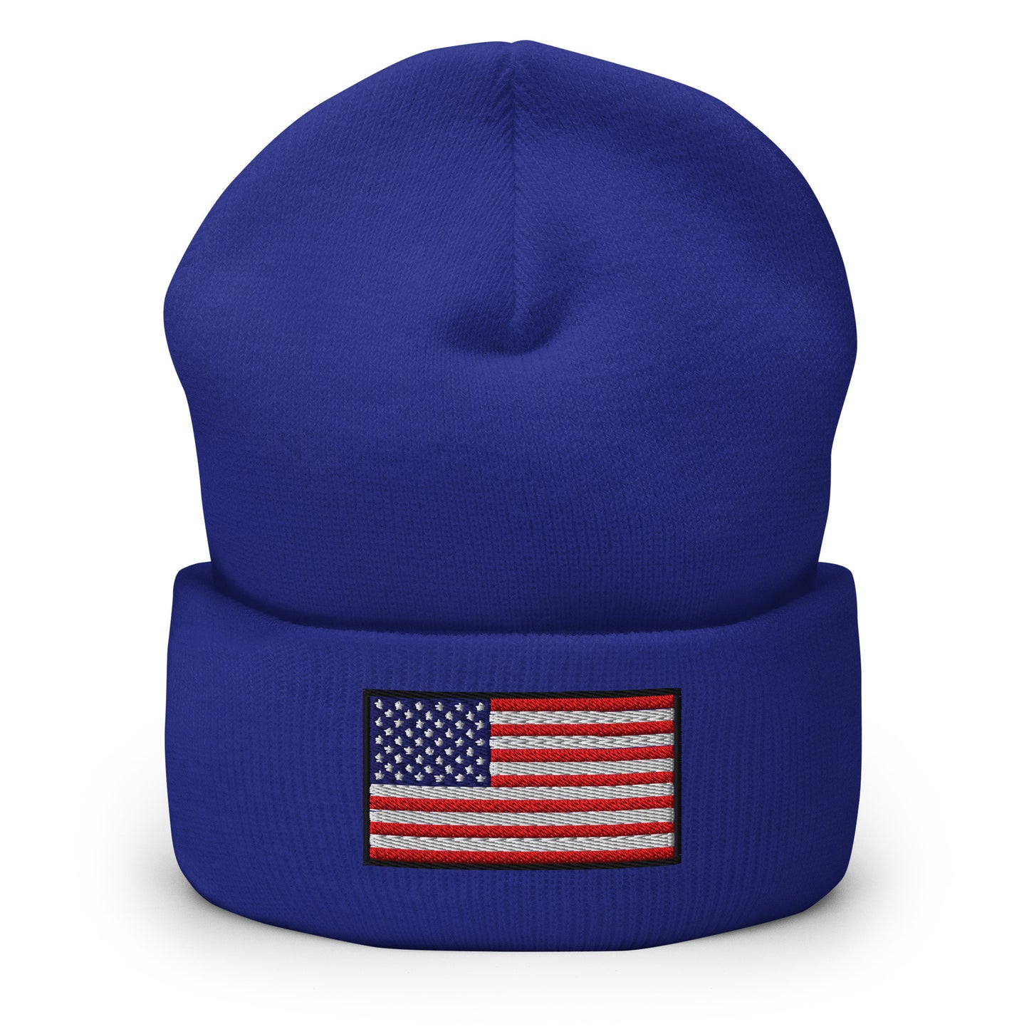 Patriotic Cuffed Beanie with the USA Flag (Old Glory) embroidered into the cuff of the beanie - available in 12 different colors - shown here in blue.