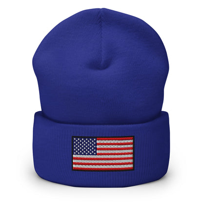 Patriotic Cuffed Beanie with the USA Flag (Old Glory) embroidered into the cuff of the beanie - available in 12 different colors - shown here in blue.