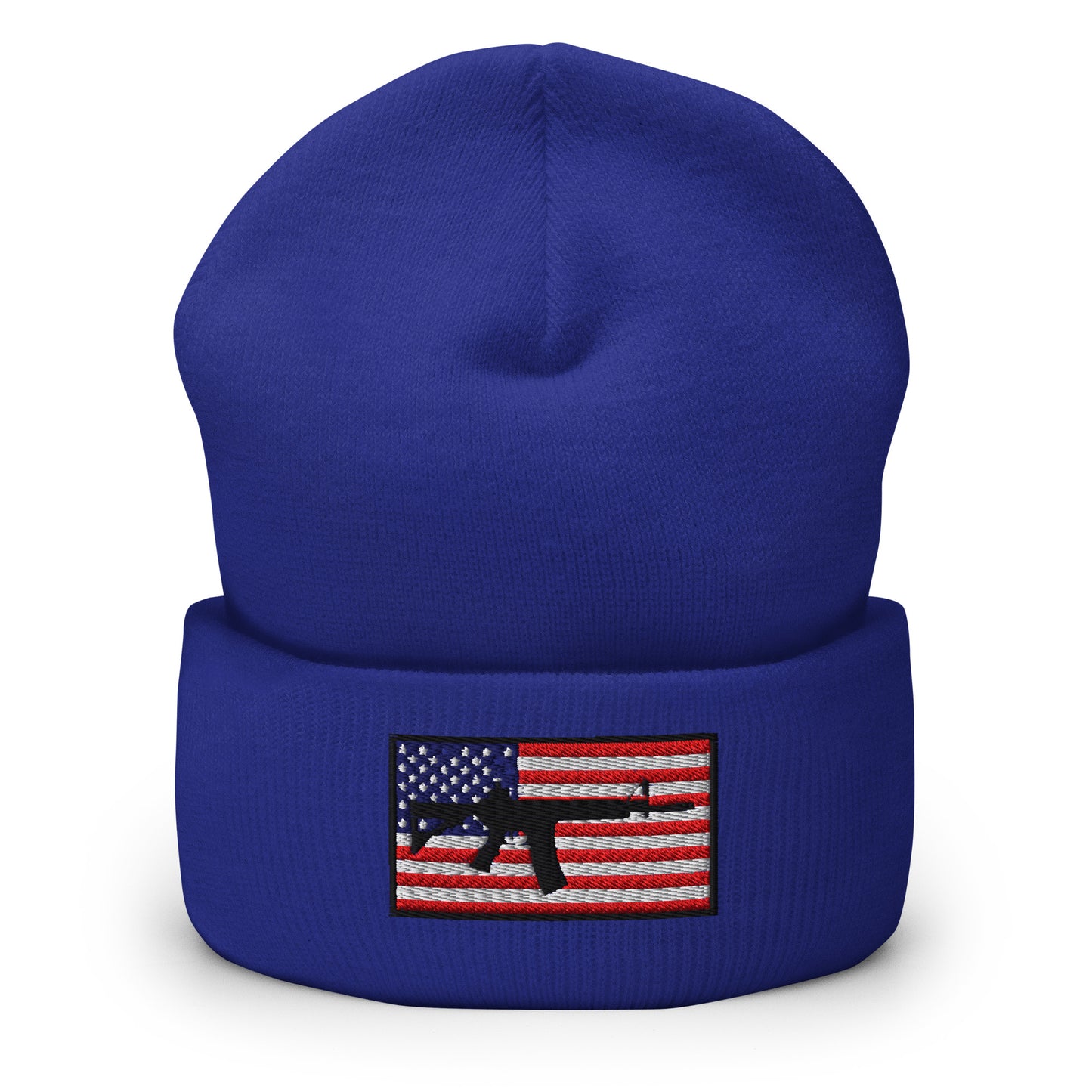 Patriotic AR-15 overlay on the USA Flag (Old Glory), embroidered on a Cuffed Beanie - available in 12 colors, shown here in blue.